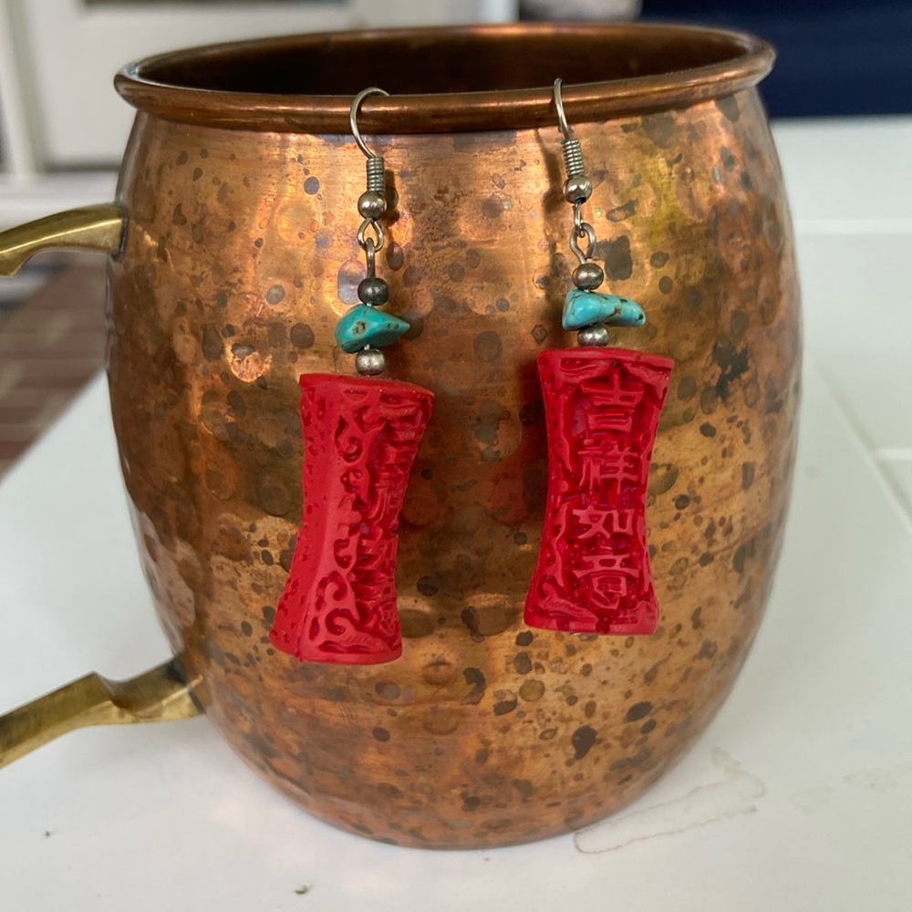 Cinnabar Vintage Red and Turquoise Earrings - Picture 3 of 9